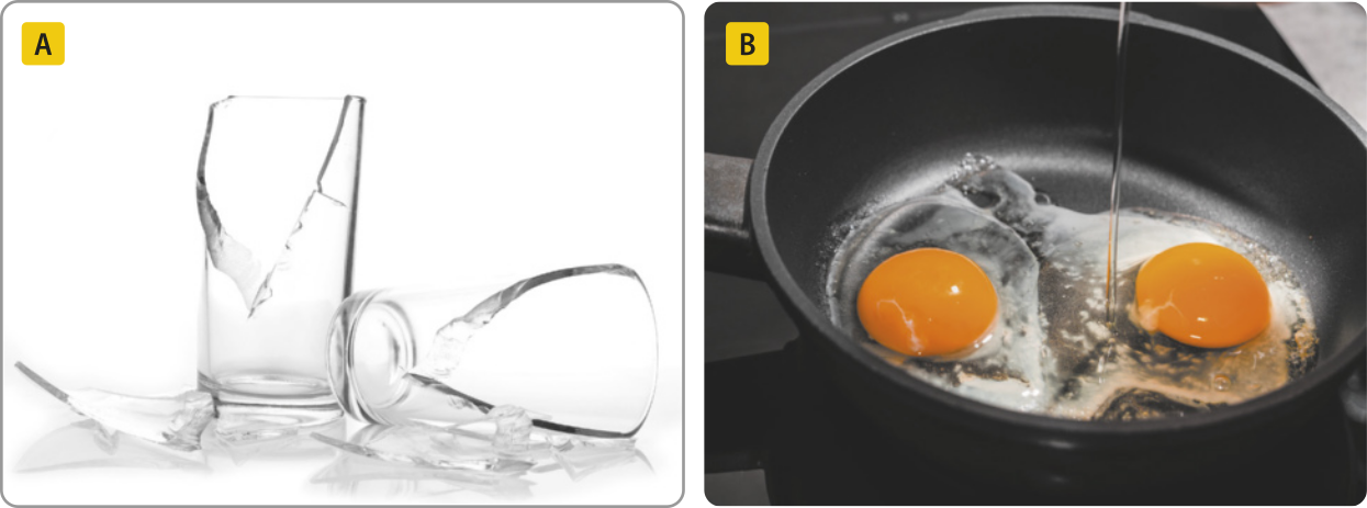 A. Fotografia de copos de vidro quebrados. B. Fotografia de ovos abertos em uma frigideira.