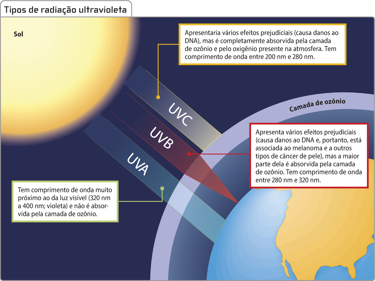Infográfico 'Tipos de radiação ultravioleta'. Há o planeta Terra com a camada de ozônio representada. Do sol saem raios com radiação dos tipos U V A, U V B e U V C. A radiação U V A atravessa a camada de ozônio e chega à superfície sem grandes alterações. Texto: Tem comprimento de onda muito próximo ao da luz visível (320 a 400 nanômetros; violeta) e não é absorvida pela camada de ozônio. A radiação U V B adentra a atmosfera de forma reduzida. Texto: Apresenta vários efeitos prejudiciais (causa danos ao D N A e, portanto, está associada ao melanoma e a outros tipos de câncer de pele), mas a maior parte dela é absorvida pela camada de ozônio. Tem comprimento de onda entre 280 e 320 nanômetros. A radiação U V C é barrada pela camada de ozônio. Texto: Apresentaria vários efeitos prejudiciais (causa danos ao D N A), mas é completamente absorvida pela camada de ozônio e pelo oxigênio presente na atmosfera. Tem comprimento de onda entre 200 e 280 nanômetros.