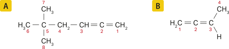 Composição com duas imagens. A. Fórmula estrutural de molécula com 6 carbonos na cadeia principal, enumerados de um a 6, da direita para a esquerda. Os carbonos um e dois e os carbonos dois e 3 fazem ligações duplas entre si. Ao carbono 5 se ligam dois grupos C Híndice 3, enumerados como 7 e 8. B. Fórmula estrutural de molécula com 4 carbonos na cadeia principal, enumerados de um a 4, da esquerda para a direita. Os carbonos um e dois e os carbonos dois e 3 fazem ligações duplas entre si, e o carbono 4 pertence a um grupo C Híndice 3.