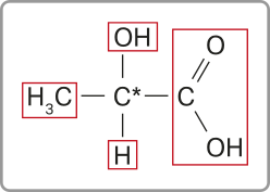 Imagem de fórmula estrutural de uma molécula. A cadeia principal possui a seguinte sequência: Híndice 3C C asterisco C O O H. O carbono C asterisco também se liga a um grupo O H e a um H. Híndice 3C, O, O H e C O O H estão circulados em vermelho.