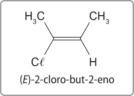 Imagem da fórmula estrutural simplificada do (E)-2-cloro-but-2-eno. Ele tem 4 carbonos na cadeia principal. Os da extremidade são um grupo C Híndice 3 e os centrais fazem ligação dupla entre si. O carbono da esquerda faz ligação com um Cl e o da direita, com um hidrogênio. Os grupos C Híndice S estão no mesmo plano, assim como Cl e H.