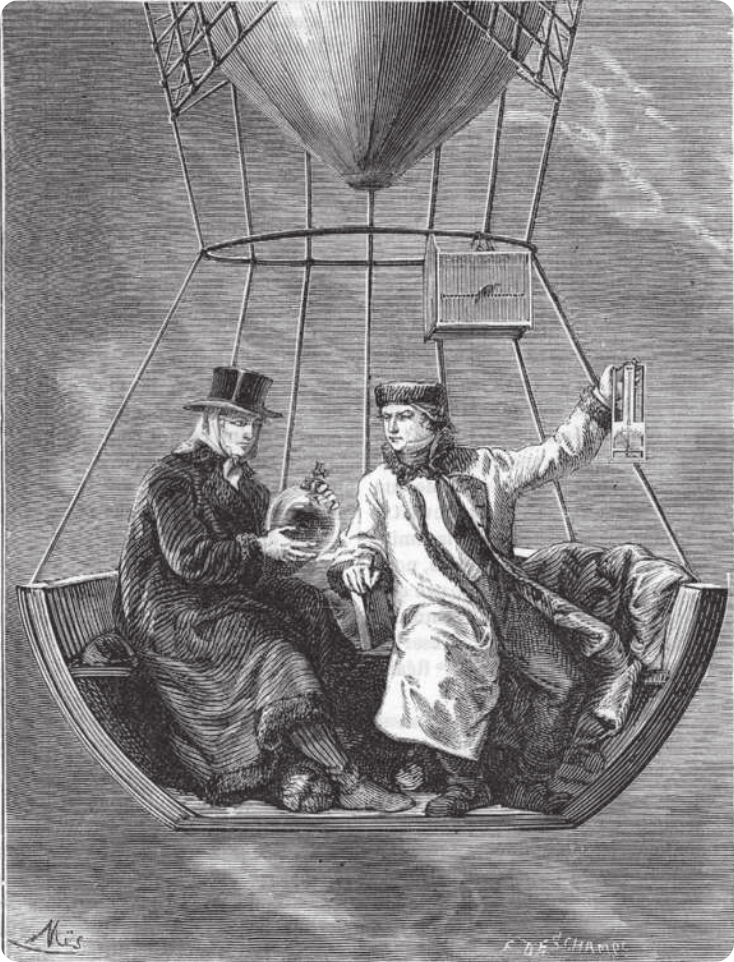 Gravura de Gay-Lussac e Jean-Baptiste Biot sentados no cesto de um balão de ar quente. Cada um segura um material de laboratório. Há, também, um pássaro em uma gaiola presa nas cordas do balão.