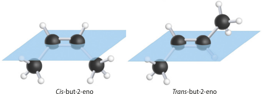 Ilustrações de duas moléculas. Ambas contém dois carbonos na cadeia principal, com o segundo e o terceiro carbono fazendo ligação dupla entre si. Eles também se ligam a um hidrogênio, e os carbonos das extremidades se ligam a 3 hidrogênios, cada. Há um plano horizontal passando pelo meio dos dois carbonos centrais. No cis-but-2-eno, os carbonos das extremidades estão abaixo do plano. No  trans-but-2-eno, o carbono da extremidade direita está acima do plano.