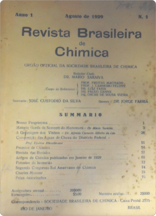 Fotografia de uma folha de rostro com o título 'Revista Brasileira de Chimica'.