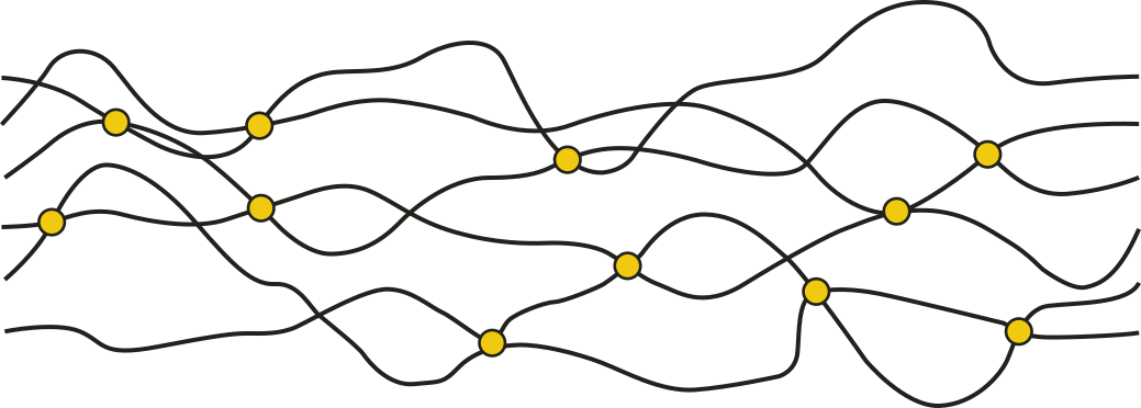 Ilustração representando pontos amarelos com 4 filamentos ligados a cada um deles e os conectando entre si.
