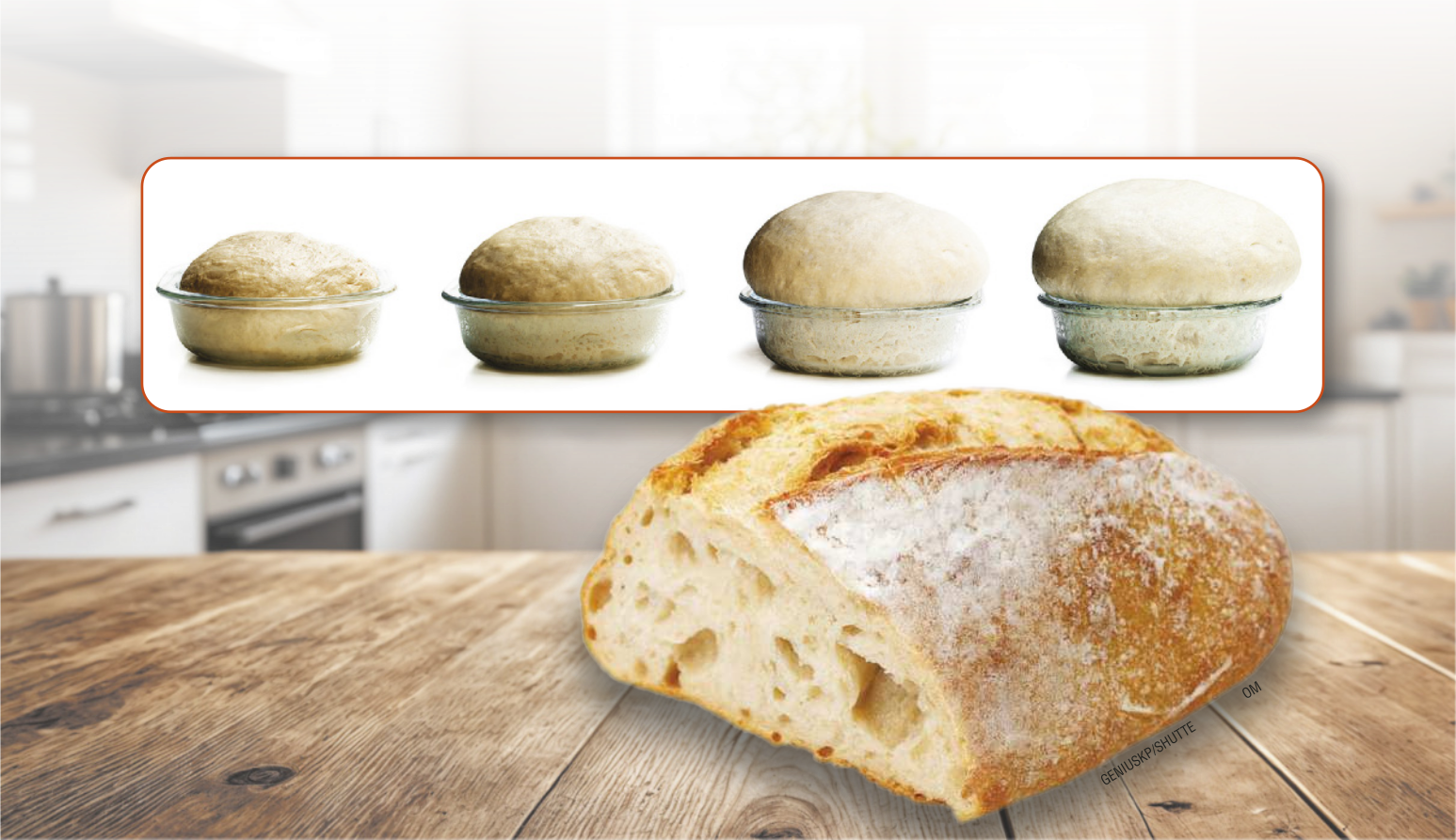 Imagem de um pedaço de pão em uma bancada de cozinha. Um destaque mostra quatro recipientes com massa de pão crua de volumes diferentes.