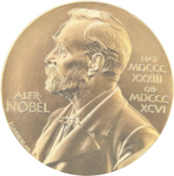 Imagem de uma medalha. Há um homem de perfil com cabelo curto e cavanhaque, vestindo um terno.