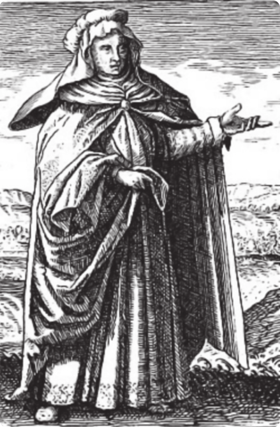 Ilustração da alquimista maria. Ela é uma mulher branca, veste um vestido longo, uma capa e uma touca de tecido.