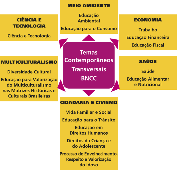 Esquema 'Temas contemporâneos transversais B N C C'. Eles são os seguintes:  'MULTICULTURALISMO: Diversidade cultural; Educação para valorização do multiculturalismo nas matrizes históricas e culturais brasileiras'; 'CIÊNCIA E TECNOLOGIA: Ciência e tecnologia'; 'MEIO AMBIENTE: Educação ambiental; Educação para o consumo'; 'CIDADANIA E CIVISMO: Vida familiar e social; Educação para o trânsito; Educação em direitos humanos; Direitos da criança e do adolescente; Processo de envelhecimento, respeito e valorização do idoso'; 'ECONOMIA: Trabalho; Educação financeira; Educação fiscal'; 'SAÚDE: Saúde; Educação alimentar e nutricional'.