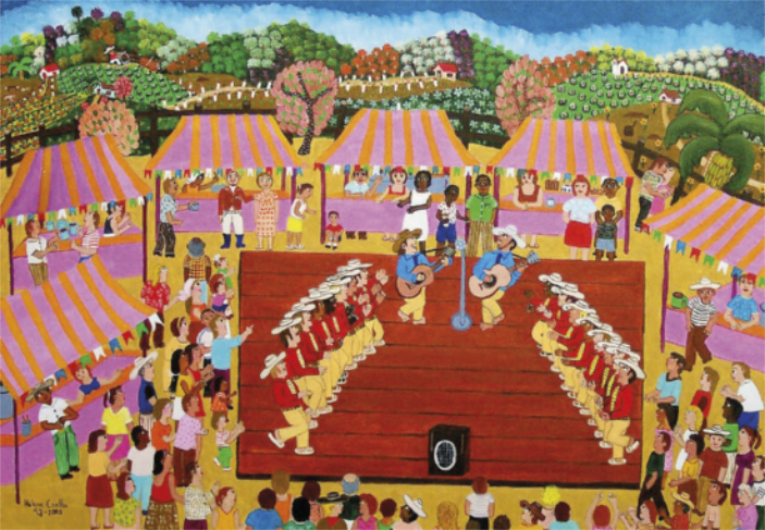 Pintura representando um grupo de homens se apresentando uniformizados em um palco, ao centro de um espaço aberto, com barracas, em uma paisagem rural com plantações, casas e árvores ao fundo. Os homens no palco estão de chapéu e gravata e dançam divididos em dois grupos, enfileirados frente a frente, batendo palmas e batendo com os pés no chão, enquanto dois homens cantam e tocam violão diante de um microfone no fundo do palco. Em volta do palco há uma plateia de pessoas em pé, assistindo à apresentação.
