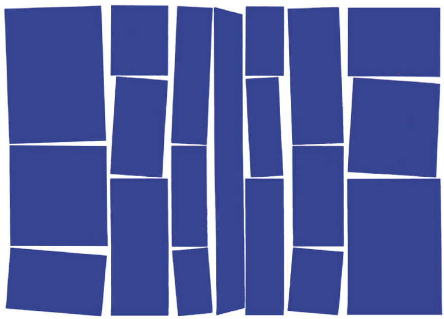 Pintura composta por diversos retângulos de cor azul sobre um fundo branco, justapostos de maneira irregular, com formatos, larguras e comprimentos diversos. Os retângulos não estão alinhados ou paralelos entre eles, de modo que formam ângulos agudos nos espaços intermediários em branco. A composição sugere a sensação de que os retângulos não estão estanques e apoiados entre si, mas desequilibrados, balançando.