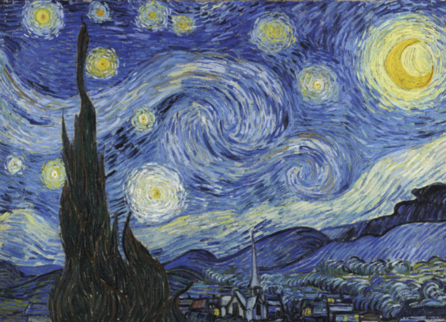 Pintura representando uma paisagem com telhados de uma cidade, árvores e montanhas ao fundo, sob um céu estrelado, com a Lua e nuvens entre as estrelas. Toda a pintura representa os objetos e figuras por meio de pinceladas curtas e justapostas de tons de azul, branco e amarelo, entre outras cores, de modo que toda a luz e as superfícies parecem vibrar. O céu e as estrelas são pintados com grande dinamismo, de modo que a luz dos astros parece se irradiar em sentido giratório, e as nuvens parecem se mover em espirais luminosas, refletindo a vibração das luzes da lua e das estrelas.