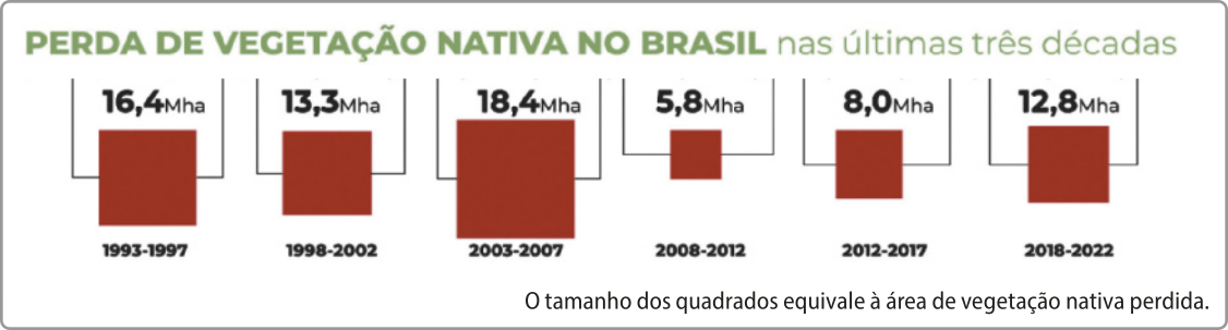 Infográfico 'Perda de vegetação nativa no Brasil nas últimas três décadas': Há um gráfico com quadrados de dimensões diversas, referentes a períodos de quatro em quatro anos, com a seguinte informação: 'O tamanho dos quadrados equivale à área de vegetação nativa perdida.'  Os dados do gráfico são os seguintes; 1993 a 1997: 16,4 milhões de hectares; 1998 a 2002: 13,3 milhões de hectares; 2003 a 2007: 18,4 milhões de hectares; 2008 a 2012: 5,8 milhões de hectares; 2012 a 2017: 8,0 milhões de hectares; 2018 a 2022: 12,8 milhões de hectares.