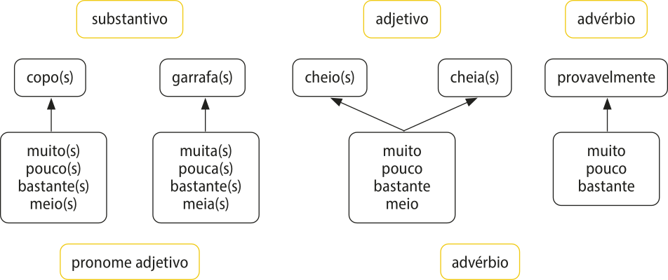 Esquema com exemplos sobre pronomes adjetivos e advérbios e suas interações com substantivos, adjetivos e advérbios. Os exemplos são os seguintes: Pronome adjetivo: muito(s); pouco(s); bastante(s); meio(s); uma seta indica o substantivo copo(s). Pronome adjetivo: muita(s); pouca(s); bastante(s); meia(s); uma seta indica o substantivo garrafa(s). Advérbio: muito, pouco, bastante, meio; setas indicam os adjetivos cheio(s) e cheia(s). Advérbio: bastante, muito, pouco: uma seta indica o advérbio provavelmente.