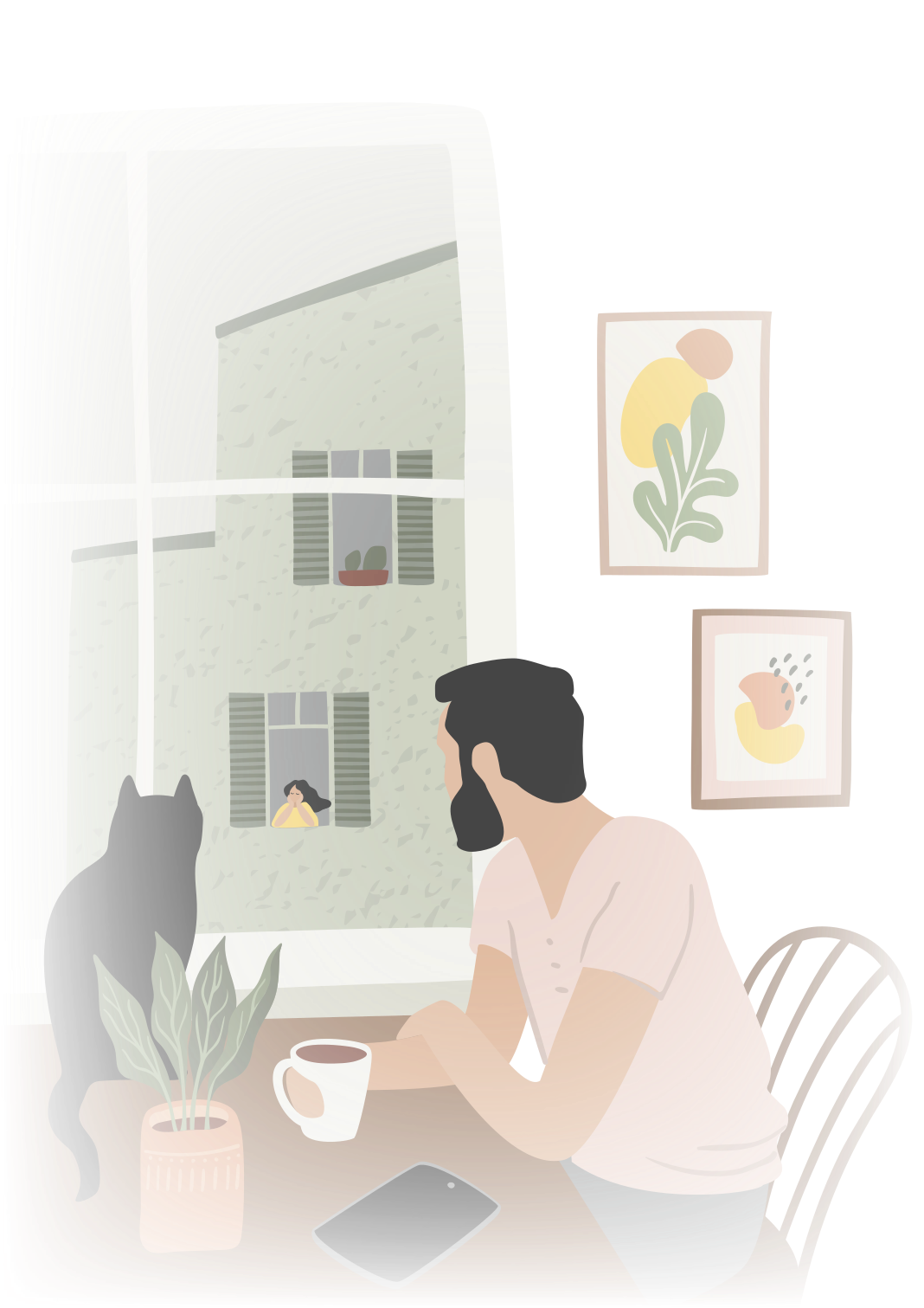 Ilustração representando um homem de barba com uma xícara na mão, sentado à mesa, com um tablet, um vaso de plantas e um gato preto ao lado dele. Ele está olhando pela janela, de onde vê janelas de um edifício, em uma das quais está uma mulher, olhando para fora, com o rosto apoiado nas mãos, e os cotovelos apoiados no parapeito da janela.