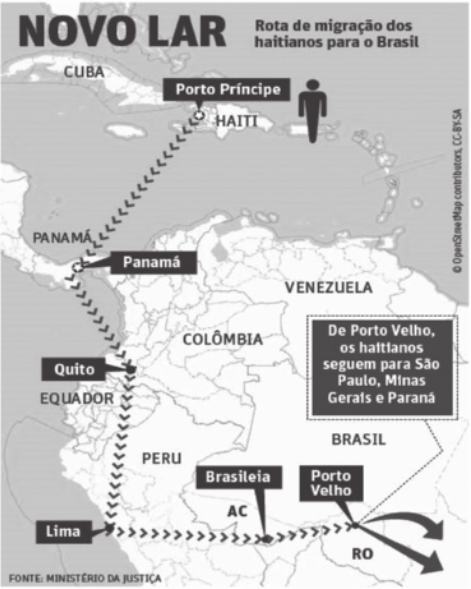 Mapa 'Novo Lar: Rota de migração dos haitianos para o Brasil': O mapa mostra o noroeste da América do Sul e o leste da América Central, indicando uma rota com setas ligando diversas cidades de diferentes países da região. A rota se inicia em Porto Príncipe, no Haiti, e dali segue por mar para o Panamá, na cidade de Panamá; então, novamente por mar, segue ao sul para Quito, no Equador; e de lá, segue ao sul por terra para Lima, no Peru, de onde parte para o leste em direção ao estado brasileiro do Acre, em Brasileia; e de lá, segue para Porto Velho, em Rondônia. Um boxe de texto no mapa informa: 'De Porto Velho, os haitianos seguem para São Paulo, Minas Gerais e Paraná'. Fonte: Ministério da Justiça. Direitos de reprodução: Open Street Map Contributors. C C - B Y - S A.