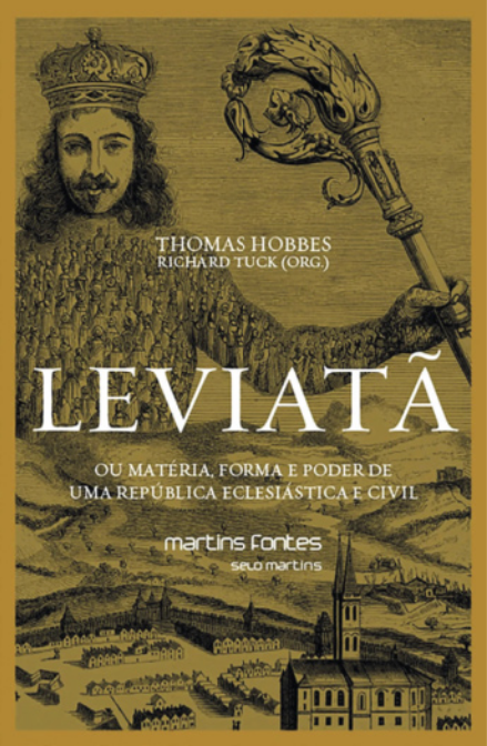 Capa de livro com gravura de um homem gigante de bigode e cabelos longos, usando uma coroa e segurando um cetro. Ele está diante de uma cidade medieval, cercada por muros, e o corpo dele é formado por uma multidão de pequenas pessoas.