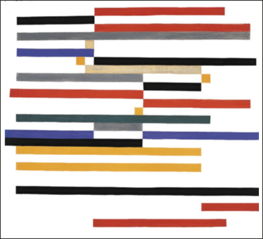 Pintura abstrata com faixas de cor horizontais de tamanhos diversos, com alguns quadrados coloridos isolados entre as faixas. A composição é dinâmica e produz a sensação visual de que as faixas estão em movimento.