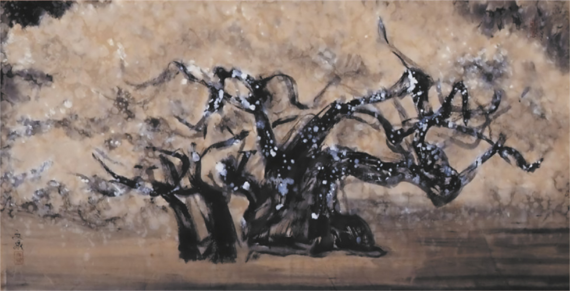 Pintura representando uma árvore com troncos escuros e retorcidos, com folhas de cor clara, representadas de maneira fluida e sem contornos, de modo que a forma da copa da árvore parece se diluir no ar em volta da árvore.