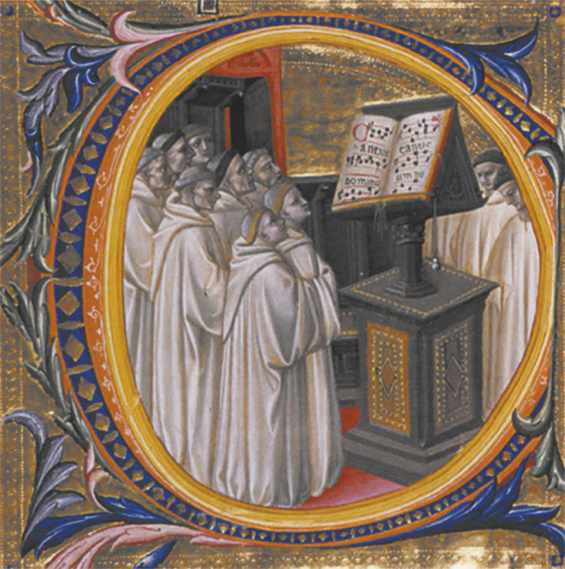 Pintura representando um grupo de frades, vestidos com hábitos e com o topo da cabeça raspado, cantando em coro diante de um livro com uma partitura apoiado em um pedestal. A imagem é moldurada por ornamentos geométricos e inspirados em motivos florais.