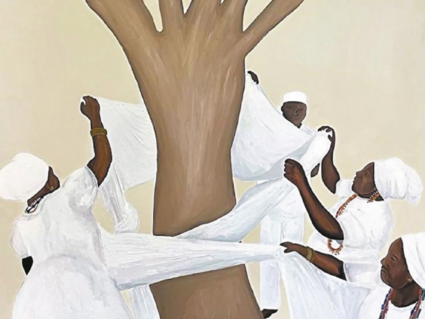 Pintura representando três mulheres com trajes brancos, lenços na cabeça e colares; e um homem com uma espécie de touca branca, enrolando um tecido branco no tronco de uma árvore.