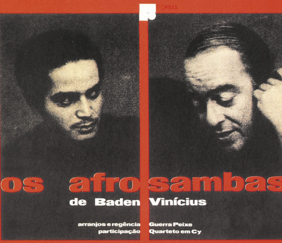 Capa de álbum com fotografias de dois artistas em preto e branco. À esquerda está Baden Powell: um homem com bigode e cabelos cacheados curtos; à direita está Vinicius de Moraes: um homem com cabelos lisos penteados para trás.
