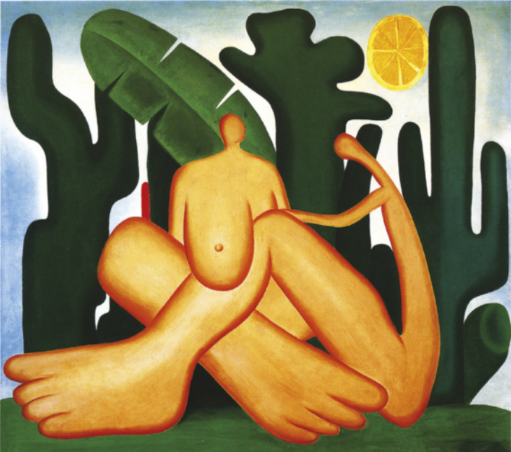 Pintura representando duas pessoas nuas sentadas no chão, com as pernas entrelaçadas. As figuras são estilizadas, não têm rosto, e têm somente uma das pernas aparente, com pés desproporcionalmente grandes em relação ao resto dos corpos. O seio nu de uma delas está à frente da perna da outra, e ao fundo há cactos e palmeiras, sob o sol e o céu azul.