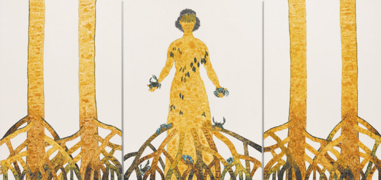 Pintura representando uma mulher com um vestido de folhas, segurando caranguejos nas mãos. Ela está em pé em um mangue, com quatro árvores ao lado dela, em cujas raízes estão andando outros caranguejos.