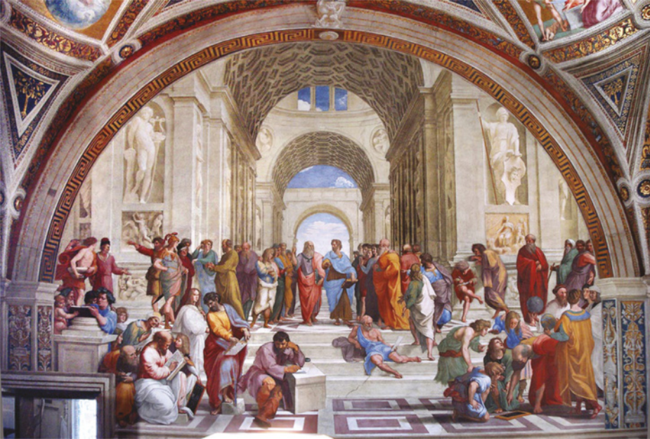 Pintura representando um grupo de pessoas reunidas em um salão luxuoso, com esculturas clássicas e arquitetura renascentista. Ao centro estão Platão e Aristóteles, caminhando lado a lado, e em torno deles estão diversas pessoas que os acompanham, além de outras que estão mais afastadas conversando, discutindo e lendo livros, alguns em pé e outros sentados nos degraus de uma escada.