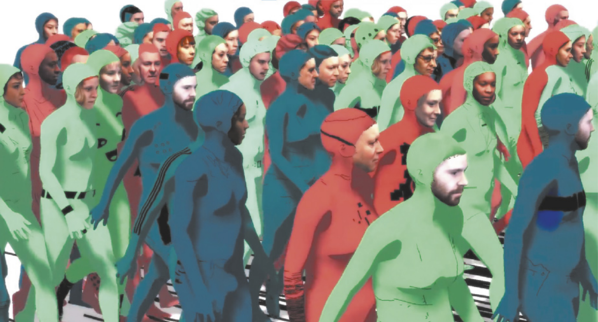 Imagem de um grupo de pessoas caminhando, com rostos fotográficos, vestidas com macacões e capuzes coloridos gerados por computação gráfica.