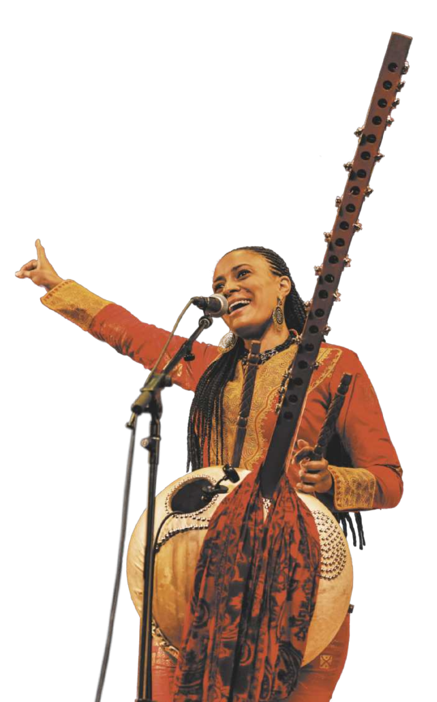 Fotografia de Sona Jobarteh. Ela é uma mulher com os cabelos presos em tranças, usando brincos, carregando um instrumento musical com uma grande cabaça acoplada a um braço de madeira com cordas. Ela está em pé cantando diante de um microfone, com um braço estendido para o alto.