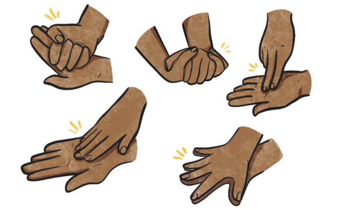 Ilustração representando mãos batendo palmas de cinco maneiras diferentes.  A primeira, no canto superior esquerdo, mostra a mão esquerda com a palma da mão aberta e voltada para cima, e a mão direita com o punho fechado sobre a esquerda. Nessa posição, se percute as costas da mão direita contra a palma da mão esquerda. A segunda maneira, ao centro da parte superior da ilustração, mostra as palmas das mãos unidas, com a esquerda por cima, segurando a mão oposta com os polegares lado a lado em sentidos opostos. Os quatro outros dedos mantêm-se unidos, abraçando a lateral da mão oposta; no caso da direita, a lateral interna; e no caso da esquerda, a lateral externa. Sem soltar os dedos, percute-se uma palma contra a outra, somente com a região mais próxima ao pulso. A terceira maneira, no canto superior direito, mostra a palma da mão esquerda aberta e voltada para cima e os dedos indicador e médio da mão direita batem no centro da palma da mão esquerda. A quarta maneira, no canto inferior esquerdo da ilustração, mostra a palma da mão esquerda aberta e voltada para cima e os dedos indicador, médio, anelar e mínimo da mão direita estendidos, percutindo contra a palma da mão esquerda. A quinta maneira, no canto inferior direito, mostra as palmas das mãos unidas, com os dedos afastados e estendidos, percutindo as palmas das mãos e a parte interna dos dedos com os dedos opostos.