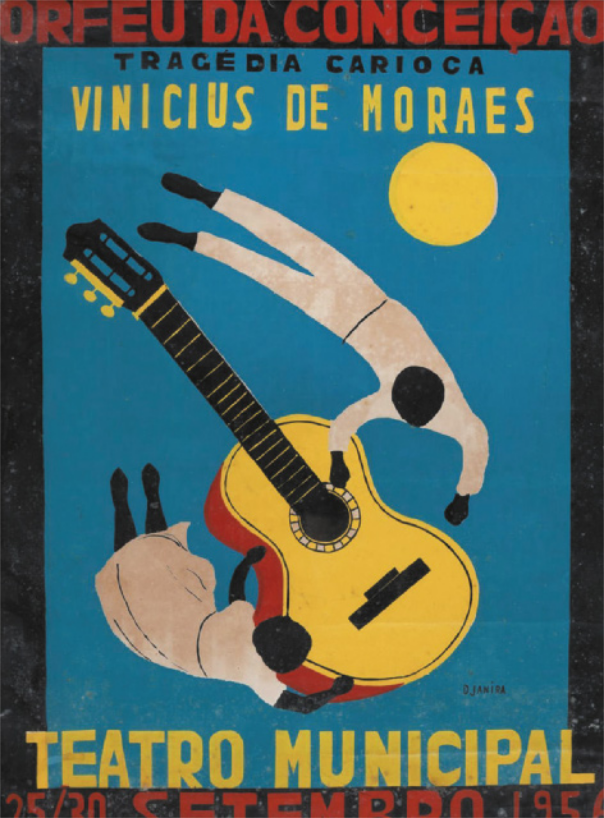 Cartaz com pintura representando um homem e uma mulher voando em volta de um violão, com a lua cheia ao fundo. O texto no cartaz diz: 'Orfeu da Conceição. Tragédia Carioca. Vinicius de Moraes. Teatro Municipal. 25 e 30 de setembro. 1950'.
