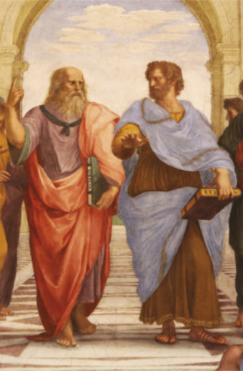 Detalhe de pintura representando Platão como um homem idoso e calvo com a barba longa e grisalha; e Aristóteles como um homem com cabelos cacheados e barba. Eles estão caminhando lado a lado, conversando, gesticulando com as mãos e carregando livros.