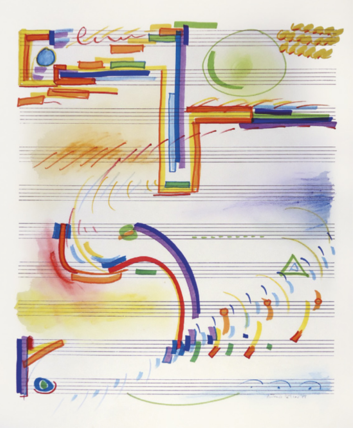 Pintura de símbolos e grafismos abstratos e coloridos sobre uma folha de papel com pautas para partitura musical. As formas pintadas sobre as pautas dialogam com as linhas horizontais e com o sentido de leitura usual de uma partitura, com formas e sinais que se repetem da esquerda para a direita, emulando a ideia de escalas ascendentes. Porém, os símbolos da notação musical tradicional não são utilizados, somente sugeridos.