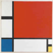 Pintura abstrata com quadrados e retângulos coloridos e faixas pretas horizontais e verticais adjacentes aos quadrados e retângulos, sobre um fundo branco.