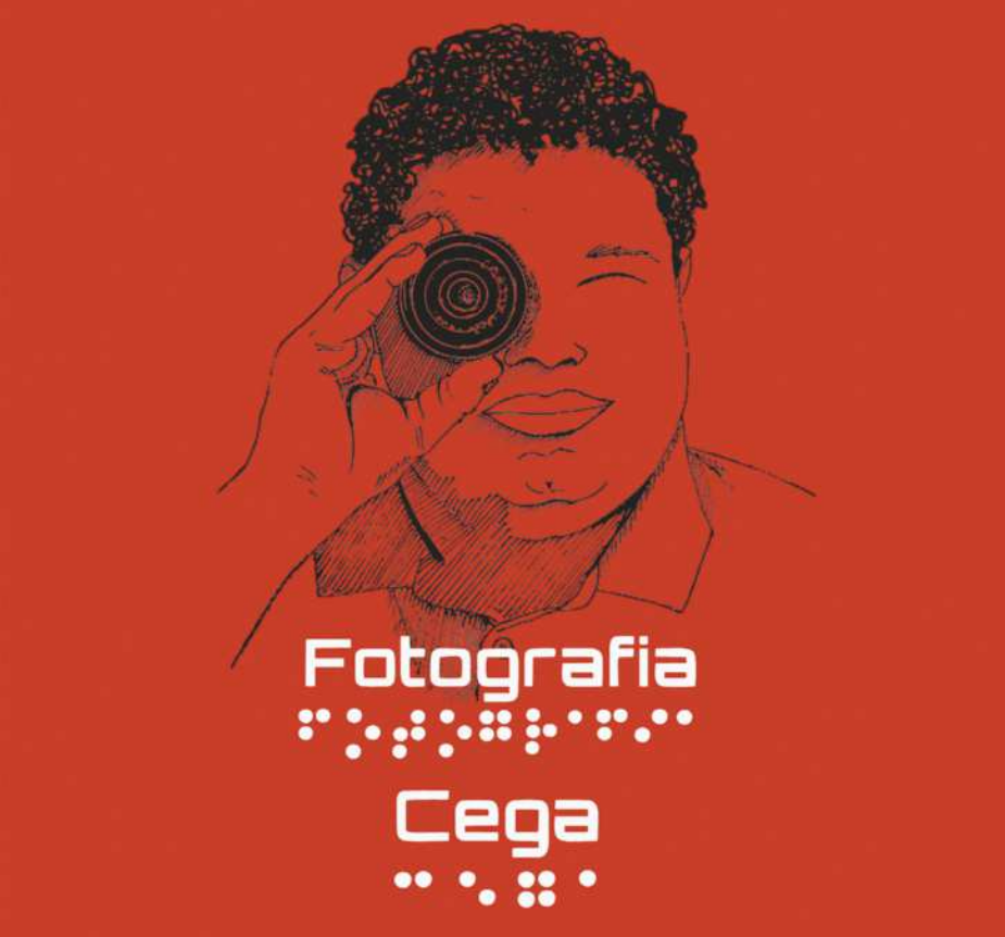 Cartaz com ilustração de um homem com cabelos curtos e cacheados segurando uma lente fotográfica à frente de um dos olhos. O texto no cartaz diz: 'Fotografia Cega'.