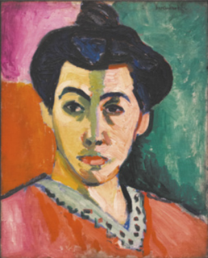 Pintura representando uma mulher com os cabelos presos em um coque. Ela tem cores diversas no rosto e a pintura é feita com cores vivas e não naturalistas.