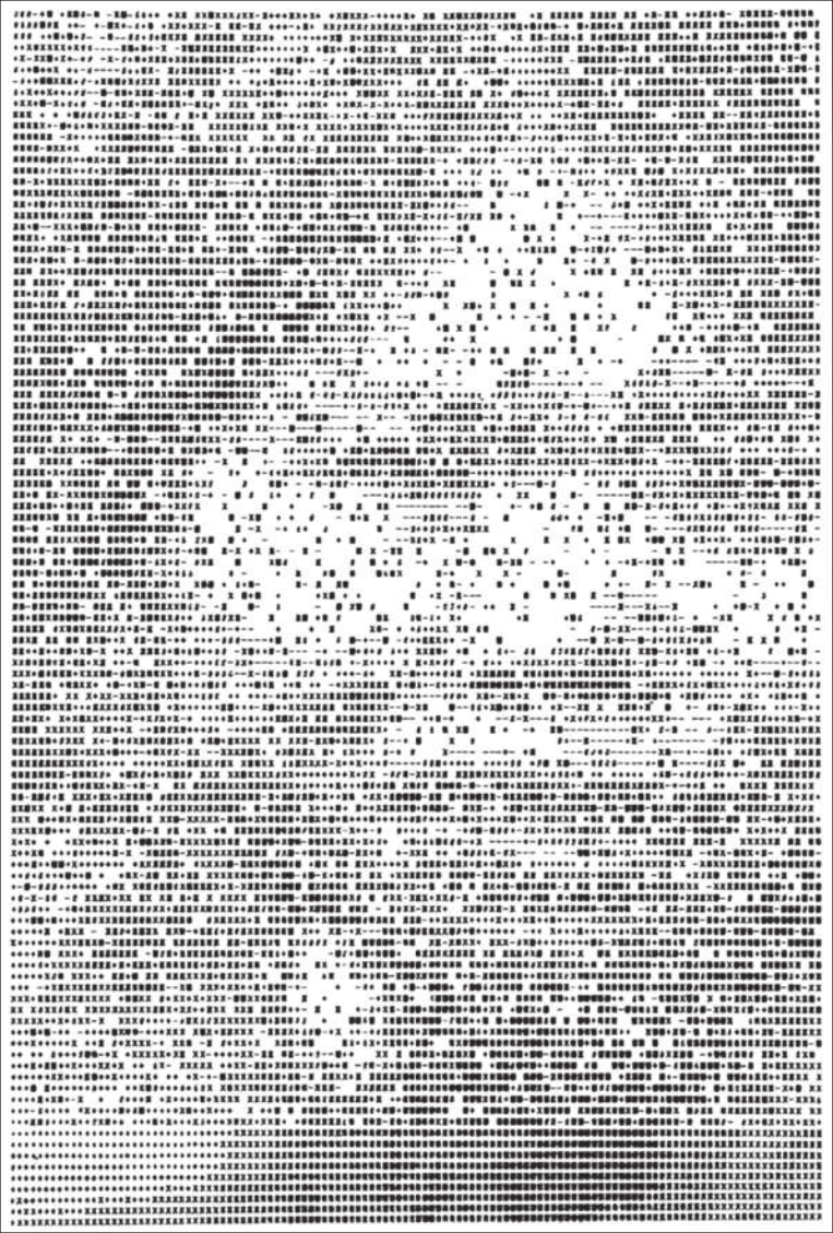 Imagem do rosto de uma mulher em preto e branco, produzida por inúmeros sinais gráficos e caracteres de tamanho diminuto, como 'x', hífen, pequenos losangos, entre outras formas, enfileirados em sequência.