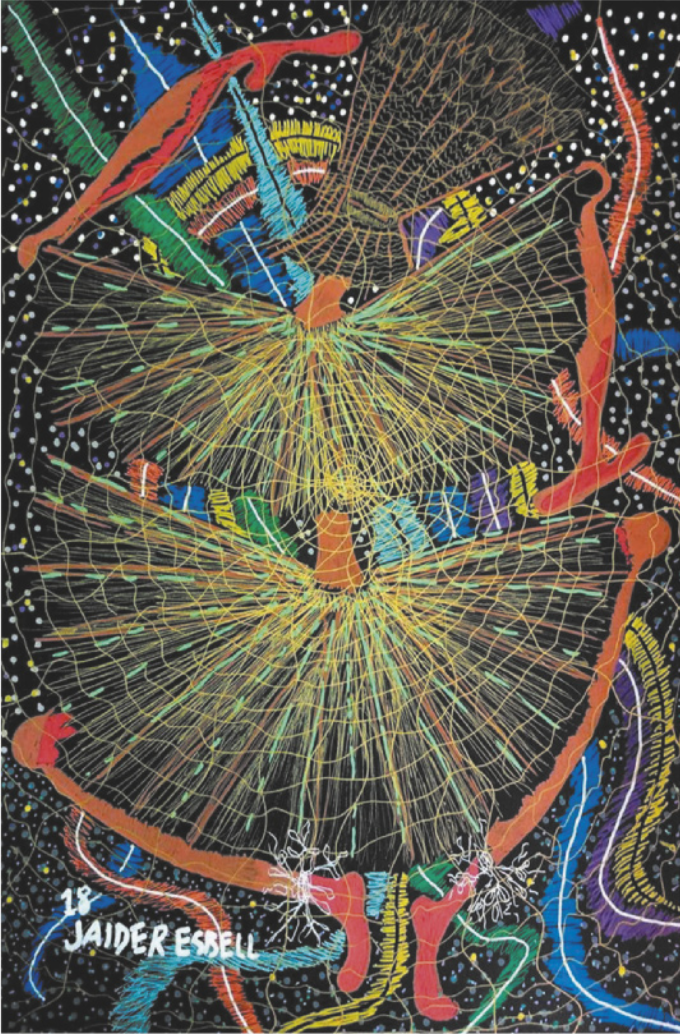 Pintura representando Macunaíma como uma figura humana dançando vestida com trajes semelhantes a saias de palha, com uma espécie de chapéu de fibras trançadas que lhe cobrem o rosto. Ao fundo há diversas penas e plumas coloridas, além de pequenos círculos coloridos e brancos sobre um fundo escuro.