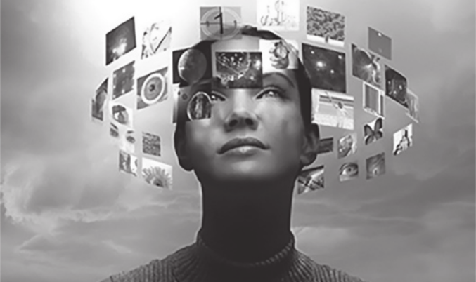 Imagem mostrando uma mulher observando uma série de pequenas telas com imagens variadas que circulam ao redor da cabeça dela, com um céu nublado ao fundo.
