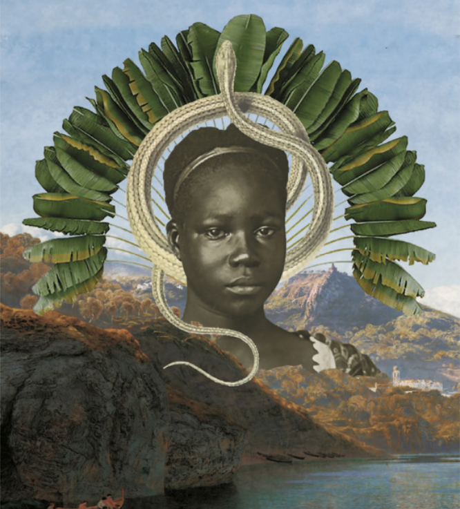 Colagem digital inserindo uma fotografia, em preto e branco, de uma mulher sobre a pintura de uma paisagem rochosa à beira do mar. Ela é negra, tem cabelos curtos e usa uma tiara. Ao redor da cabeça da mulher há diversas folhas de palmeira e uma serpente enrolada, de modo que o arranjo se assemelha a um cocar de penas sobre a cabeça dela.