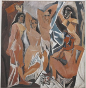 Pintura representando um grupo de mulheres seminuas em poses diversas. Os corpos e rostos delas são estilizados e têm formas geometrizadas, arqueadas e cônicas, e os rostos de algumas delas são semelhantes a máscaras tradicionais africanas.