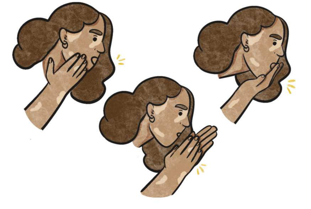 Ilustração representando três possibilidades de percussão das mãos com o rosto, usando a boca como caixa acústica.  A primeira possibilidade, no canto superior esquerdo da ilustração, mostra uma mulher com a boca levemente aberta, batendo os dedos indicador, médio, anelar e mínimo contra uma das bochechas. A segunda, no canto superior direito, mostra a mulher com a boca levemente aberta, percutindo os dedos indicador, médio, anelar e mínimo contra os lábios. A terceira possibilidade, no canto inferior, mostra a mulher com a boca levemente aberta, batendo palmas em frente à boca, com as mãos muito próximas ao rosto.