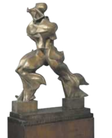 Fotografia de escultura representando uma figura humana em movimento. As formas do corpo são fragmentadas e fluidas, dificultando a definição precisa dos contornos e dos membros, pois a figura é representada em múltiplos momentos simultâneos do deslocamento.