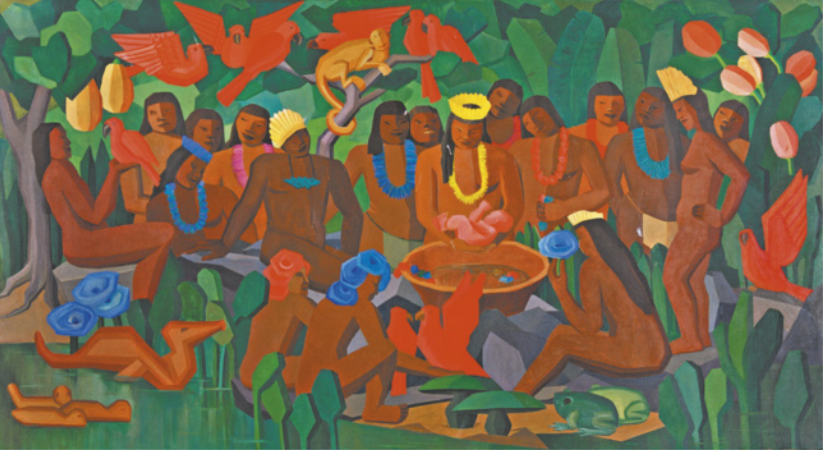 Pintura representando um grupo de mulheres indígenas reunidas em volta de uma grande bacia apoiada em rochas em uma floresta à beira de um rio. Sobre a bacia, uma mulher com um colar e um cocar segura um bebê e, além das indígenas, há diversos animais silvestres assistindo à cena.