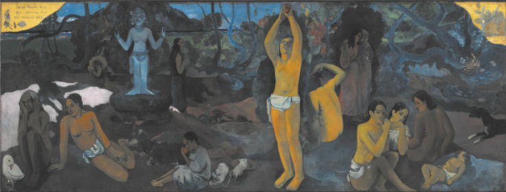 Pintura representando mulheres indígenas seminuas sentadas no chão e sobre pedras, com animais diversos, em uma paisagem noturna com árvores e montanhas ao fundo.