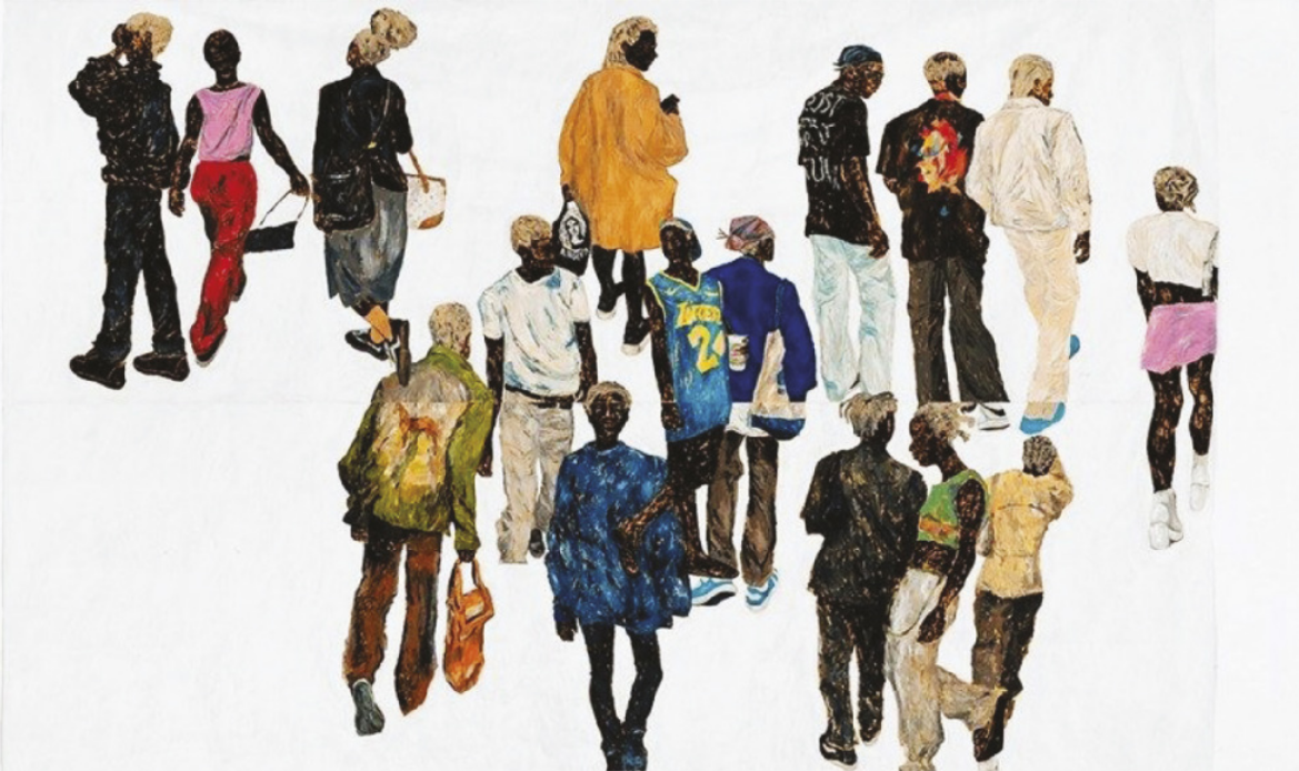 Pintura representando diversas pessoas negras caminhando sobre um fundo branco, vestidas com trajes de diversos tipos e estilos, além de cortes de cabelo e penteados variados, quase todas elas com os cabelos descoloridos.