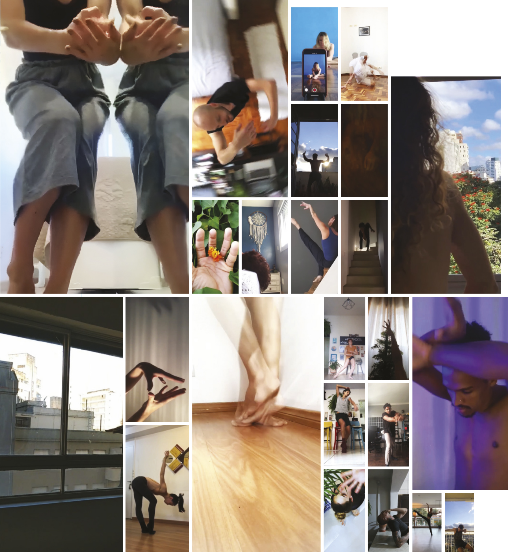 Composição com diversas fotografias de pessoas realizando movimentos e passos de dança em ambientes domésticos como quartos e salas de estar, interagindo com objetos cotidianos como cadeiras, escadas e janelas.
