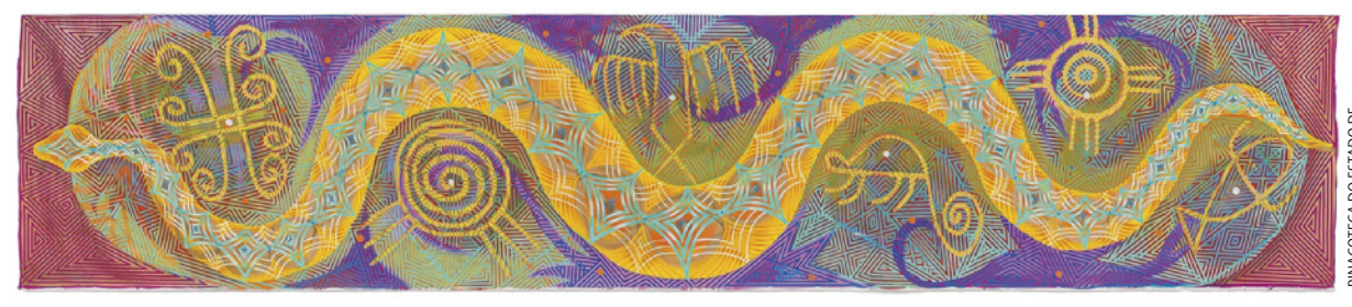 Pintura representando uma serpente colorida e decorada com muitos grafismos indígenas. Ao lado do corpo da serpente há diversas outras figuras estilizadas de animais e elementos da natureza.